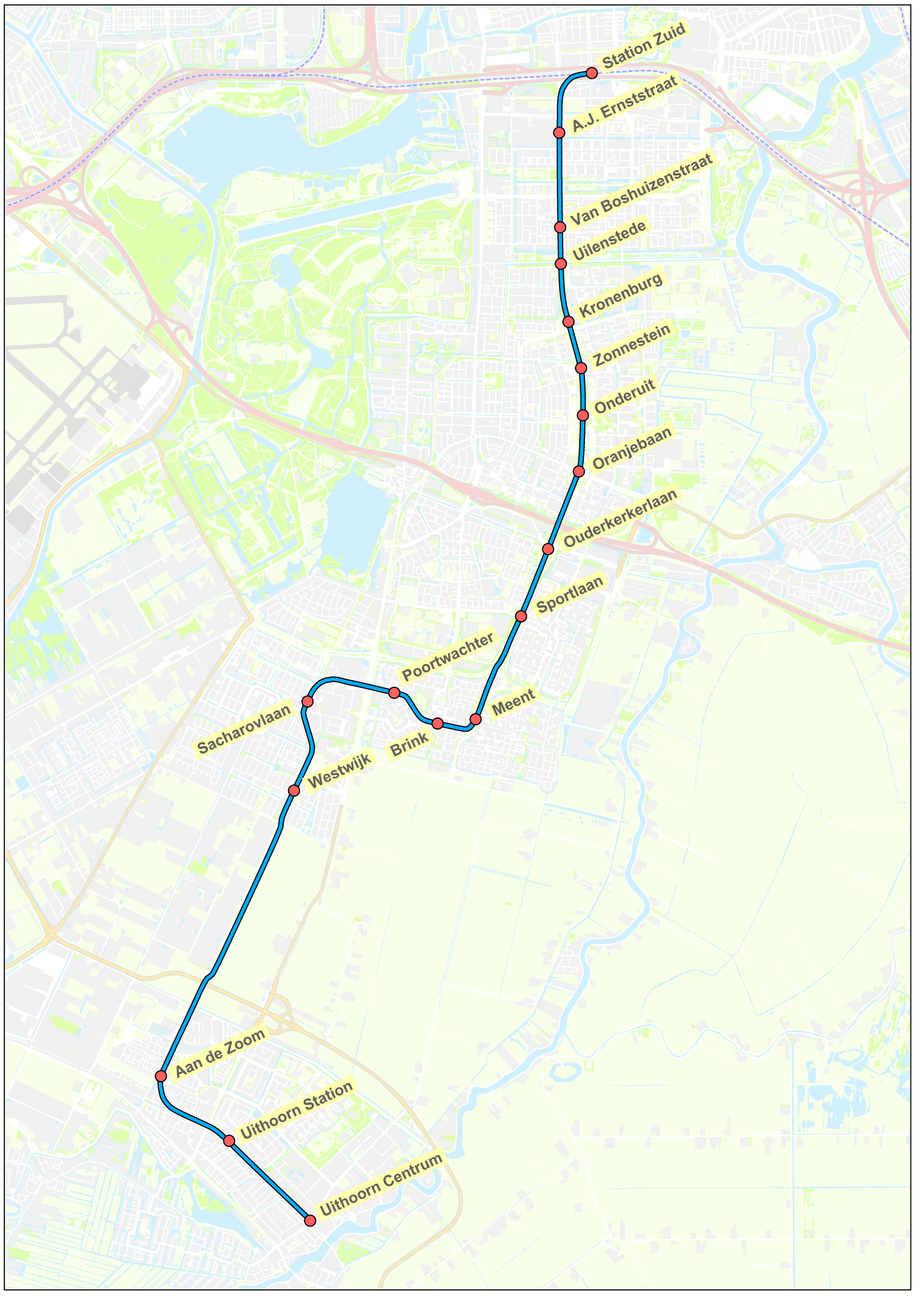 Kaart van de Amstelveen Uithoornlijn